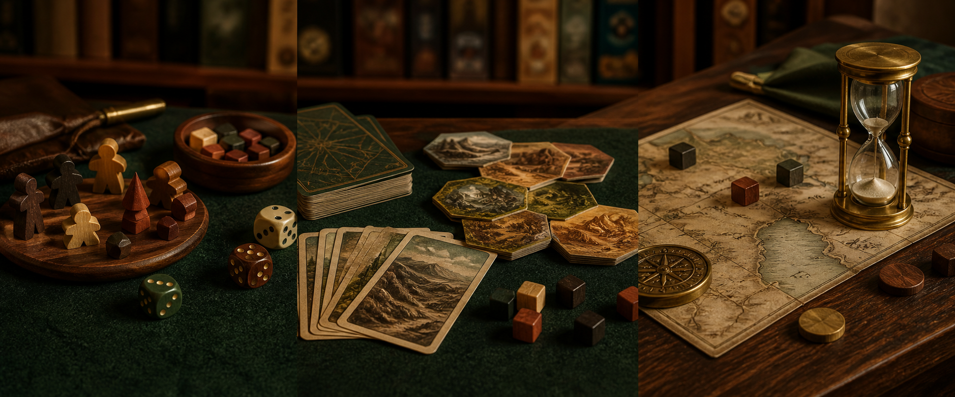 Peças, cartas, dados e mapa sobre uma mesa de jogos